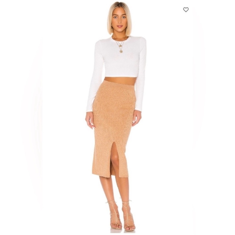 NWT Free People Skyline Midi Beige Neutral Ribbed Knit Skirt with Front Slit
